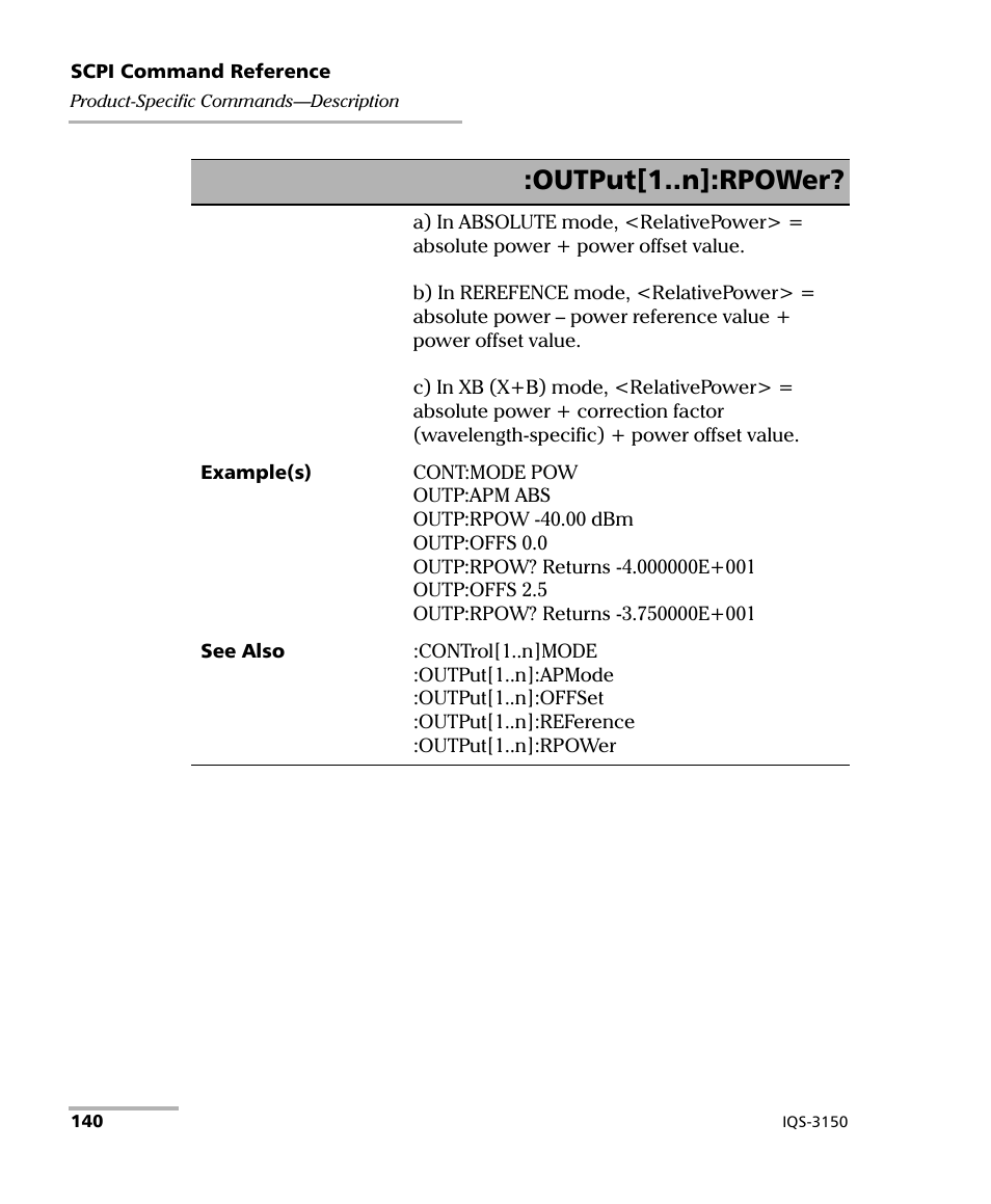 Output[1..n]:rpower | EXFO IQS-3150 Variable Attenuator for IQS-500/600 User Manual | Page 146 / 161