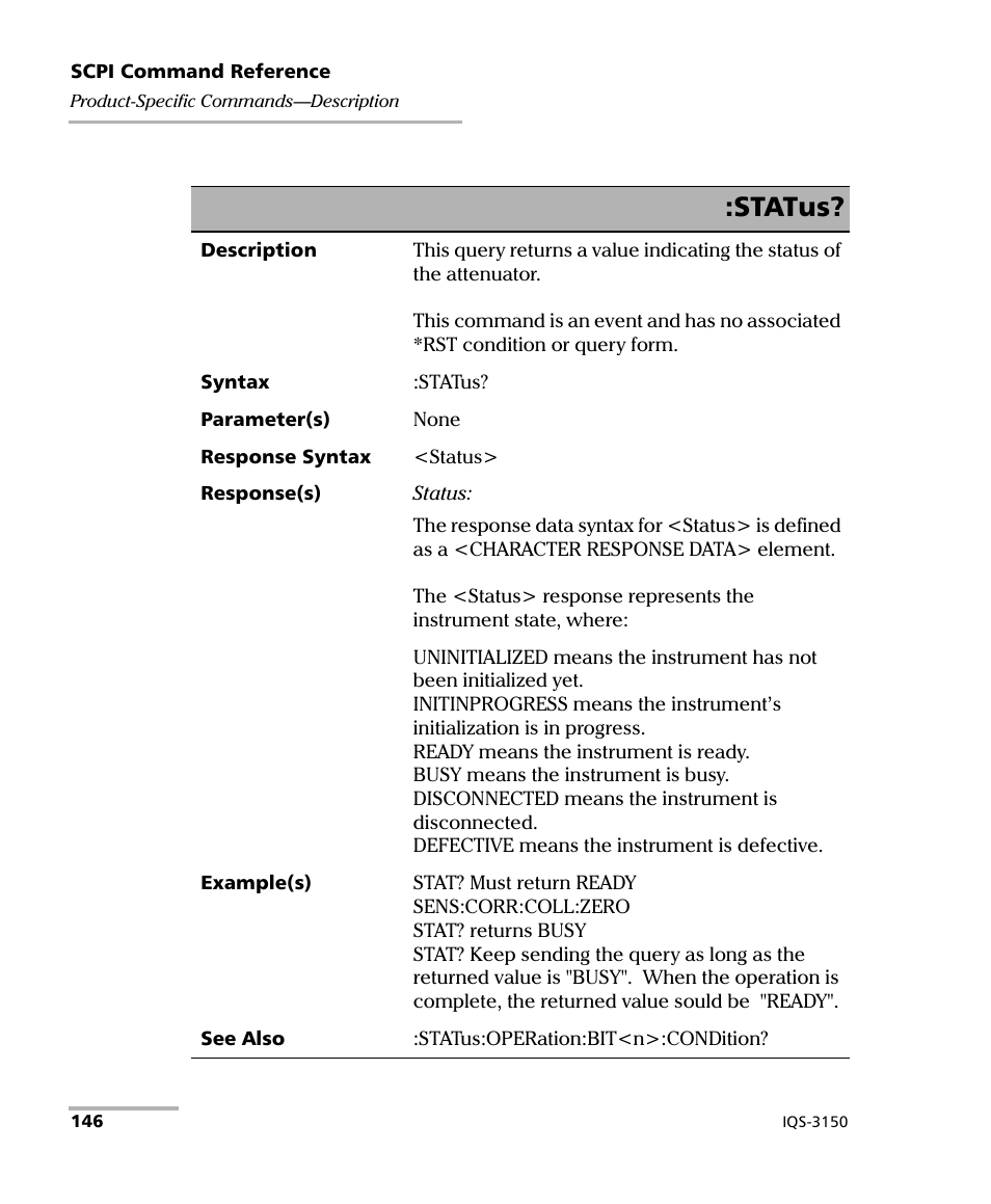 Status | EXFO IQS-3150 Variable Attenuator for IQS-500/600 User Manual | Page 152 / 161