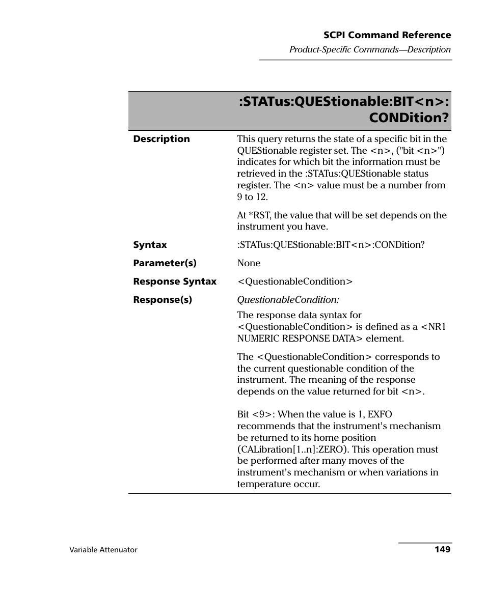 Status:questionable:bit<n>: condition | EXFO IQS-3150 Variable Attenuator for IQS-500/600 User Manual | Page 155 / 161