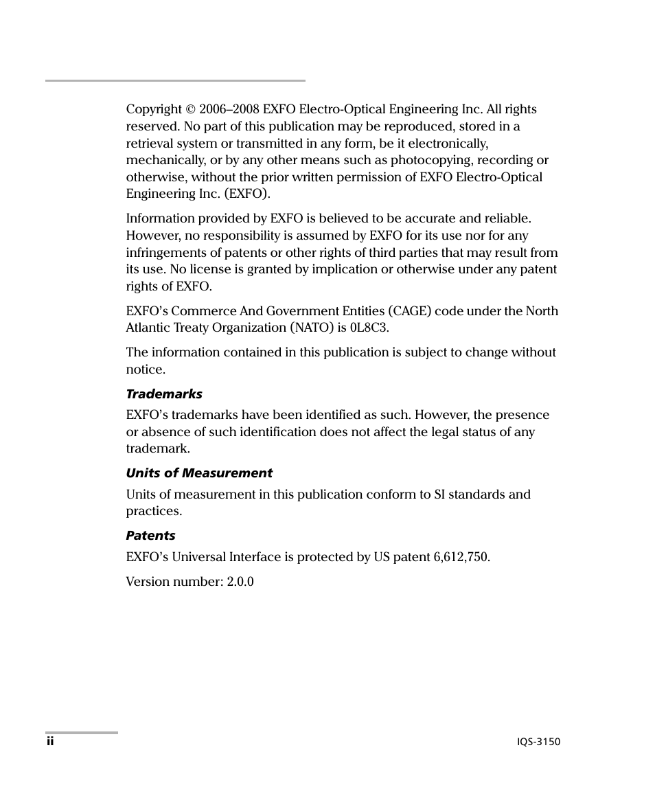 EXFO IQS-3150 Variable Attenuator for IQS-500/600 User Manual | Page 2 / 161