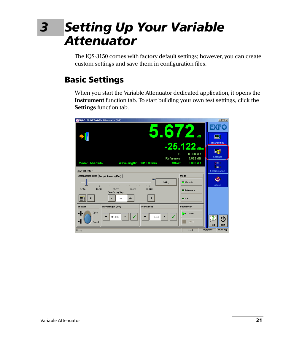 3 setting up your variable attenuator, Basic settings, 3setting up your variable attenuator | EXFO IQS-3150 Variable Attenuator for IQS-500/600 User Manual | Page 27 / 161