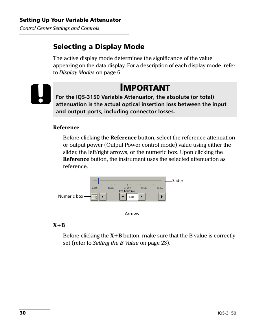 Mportant, Selecting a display mode | EXFO IQS-3150 Variable Attenuator for IQS-500/600 User Manual | Page 36 / 161