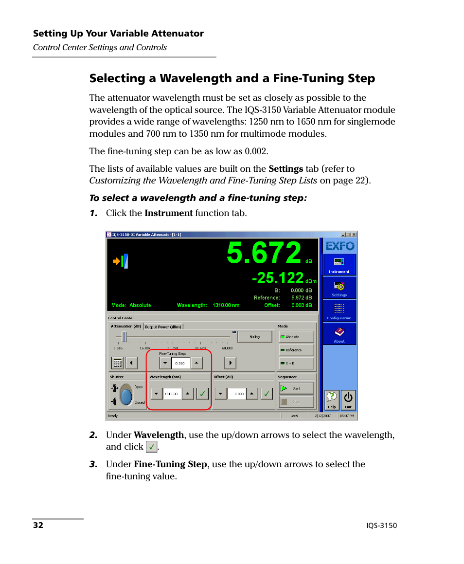 Selecting a wavelength and a fine-tuning step | EXFO IQS-3150 Variable Attenuator for IQS-500/600 User Manual | Page 38 / 161