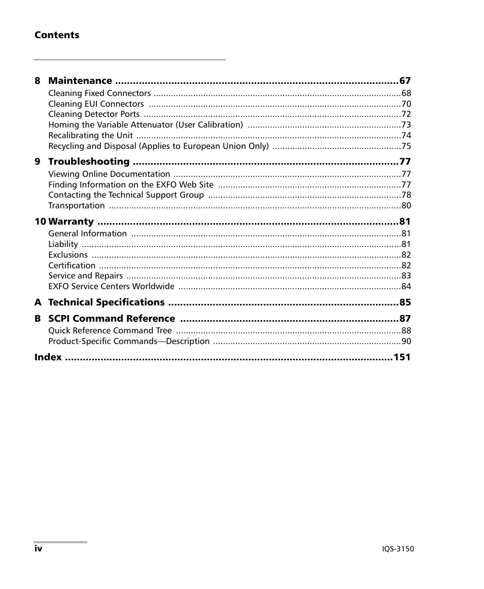 EXFO IQS-3150 Variable Attenuator for IQS-500/600 User Manual | Page 4 / 161