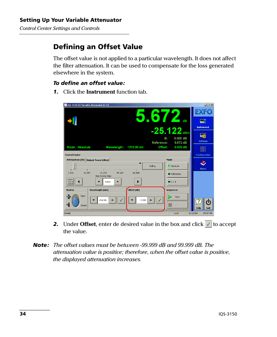 Defining an offset value | EXFO IQS-3150 Variable Attenuator for IQS-500/600 User Manual | Page 40 / 161