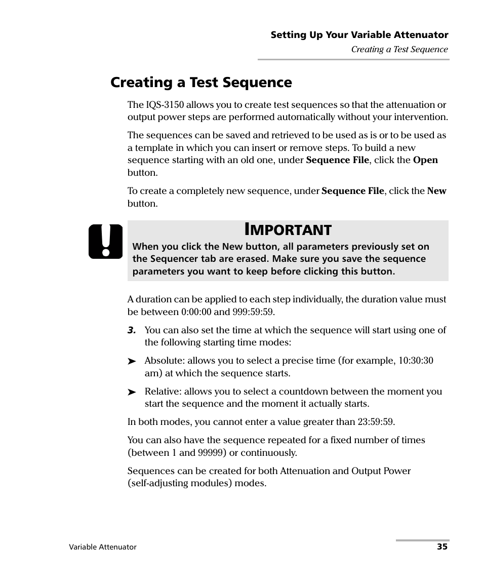 Creating a test sequence, Mportant | EXFO IQS-3150 Variable Attenuator for IQS-500/600 User Manual | Page 41 / 161