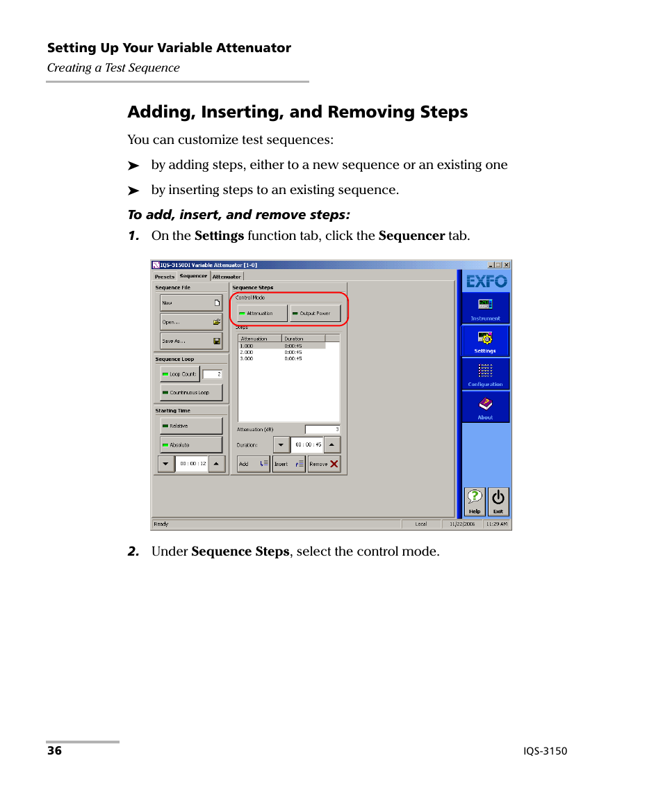 Adding, inserting, and removing steps | EXFO IQS-3150 Variable Attenuator for IQS-500/600 User Manual | Page 42 / 161