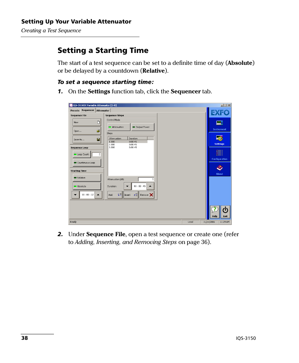 Setting a starting time | EXFO IQS-3150 Variable Attenuator for IQS-500/600 User Manual | Page 44 / 161