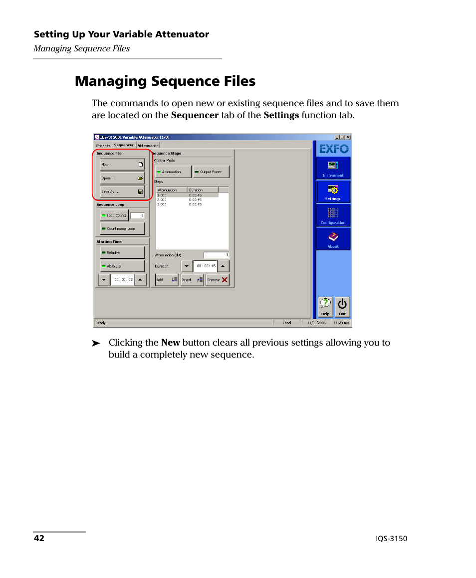Managing sequence files | EXFO IQS-3150 Variable Attenuator for IQS-500/600 User Manual | Page 48 / 161