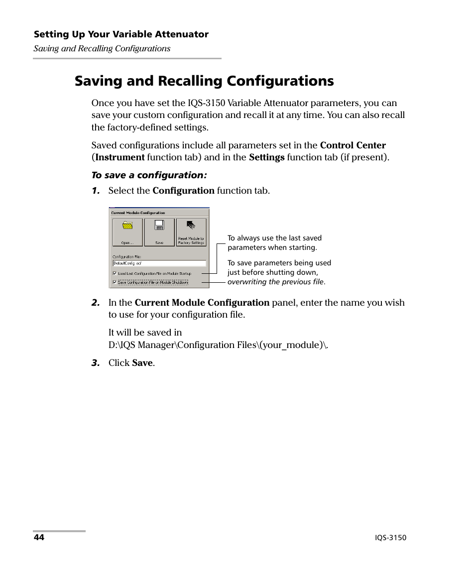 Saving and recalling configurations | EXFO IQS-3150 Variable Attenuator for IQS-500/600 User Manual | Page 50 / 161