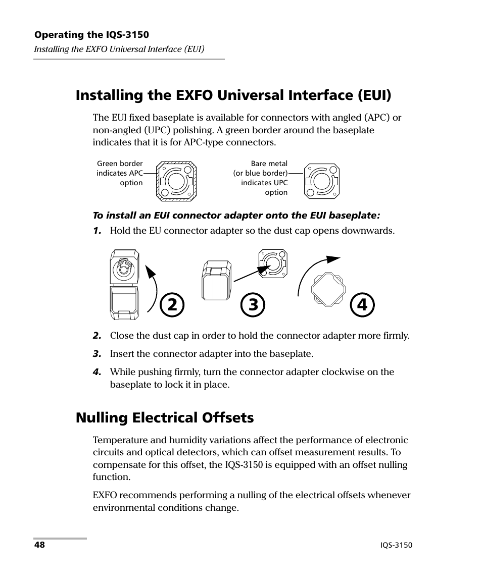 Installing the exfo universal interface (eui), Nulling electrical offsets | EXFO IQS-3150 Variable Attenuator for IQS-500/600 User Manual | Page 54 / 161