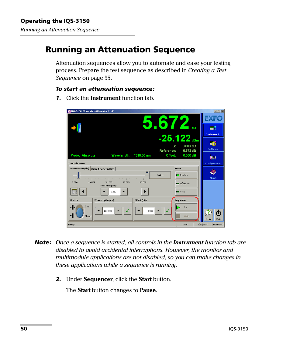 Running an attenuation sequence | EXFO IQS-3150 Variable Attenuator for IQS-500/600 User Manual | Page 56 / 161