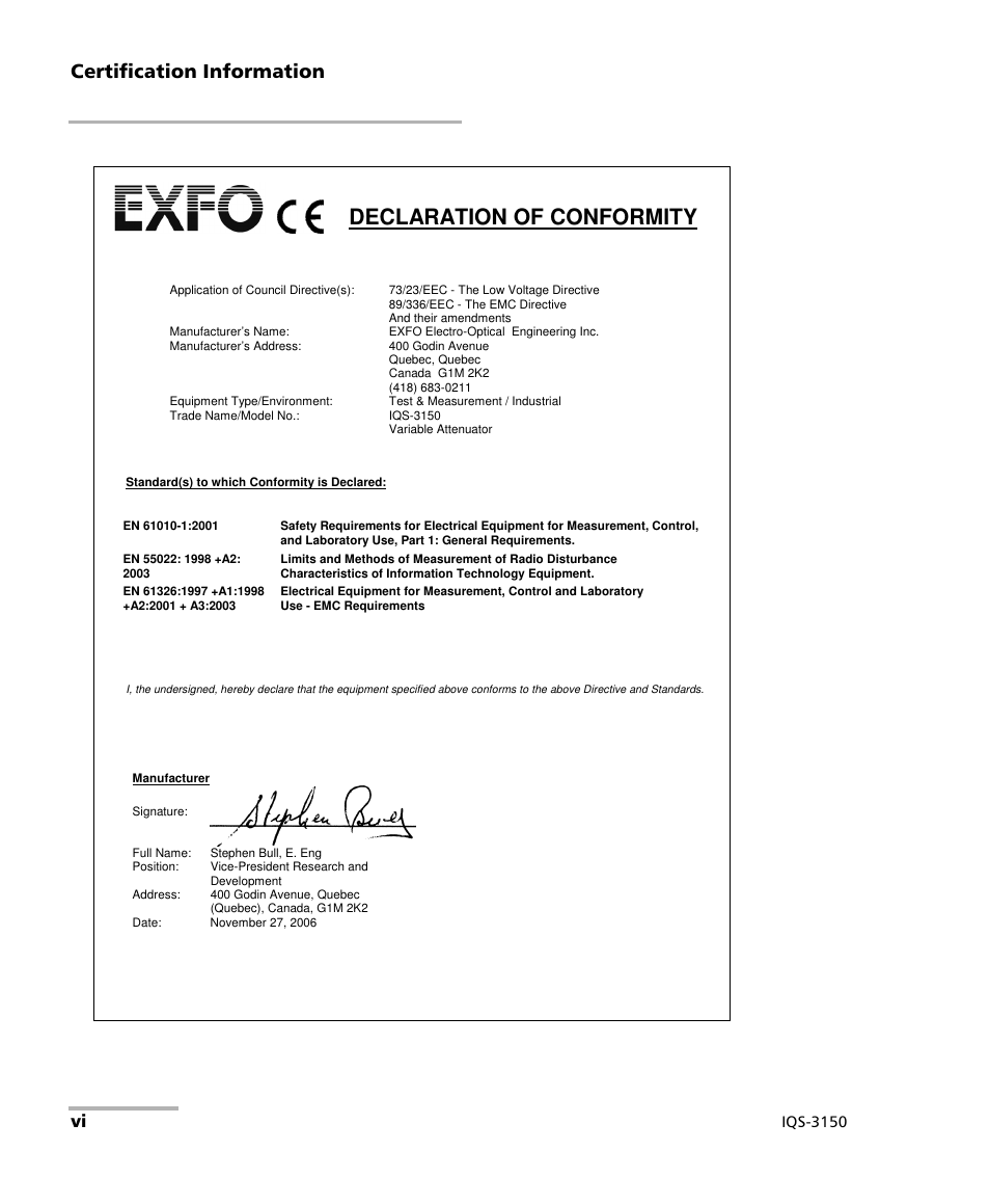 Declaration of conformity, Certification information | EXFO IQS-3150 Variable Attenuator for IQS-500/600 User Manual | Page 6 / 161