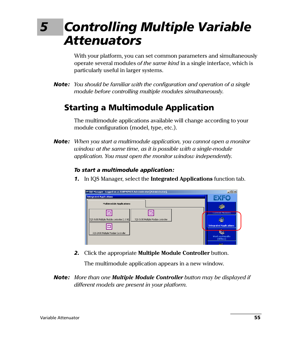 5 controlling multiple variable attenuators, Starting a multimodule application, 5controlling multiple variable attenuators | EXFO IQS-3150 Variable Attenuator for IQS-500/600 User Manual | Page 61 / 161