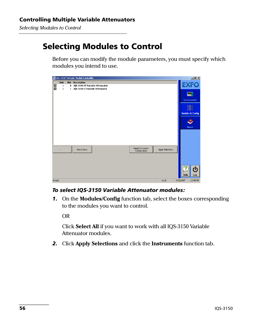 Selecting modules to control | EXFO IQS-3150 Variable Attenuator for IQS-500/600 User Manual | Page 62 / 161