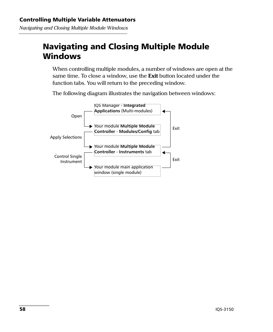 Navigating and closing multiple module windows | EXFO IQS-3150 Variable Attenuator for IQS-500/600 User Manual | Page 64 / 161