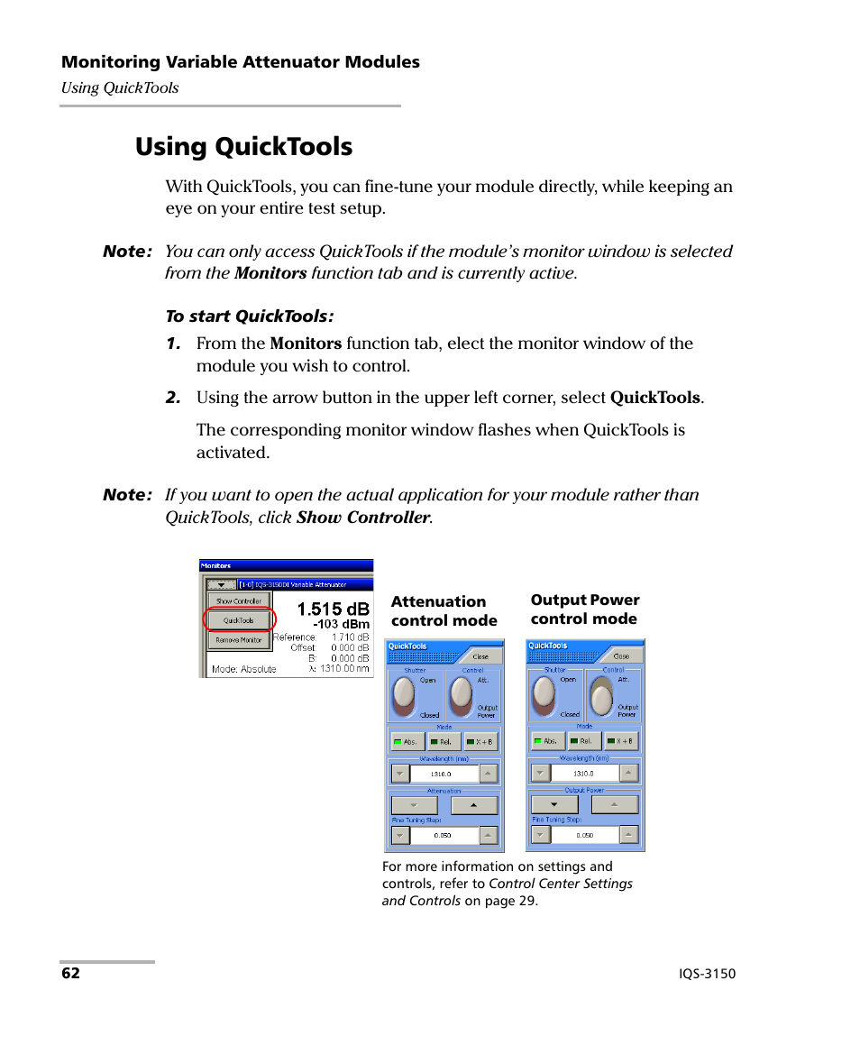 Using quicktools | EXFO IQS-3150 Variable Attenuator for IQS-500/600 User Manual | Page 68 / 161