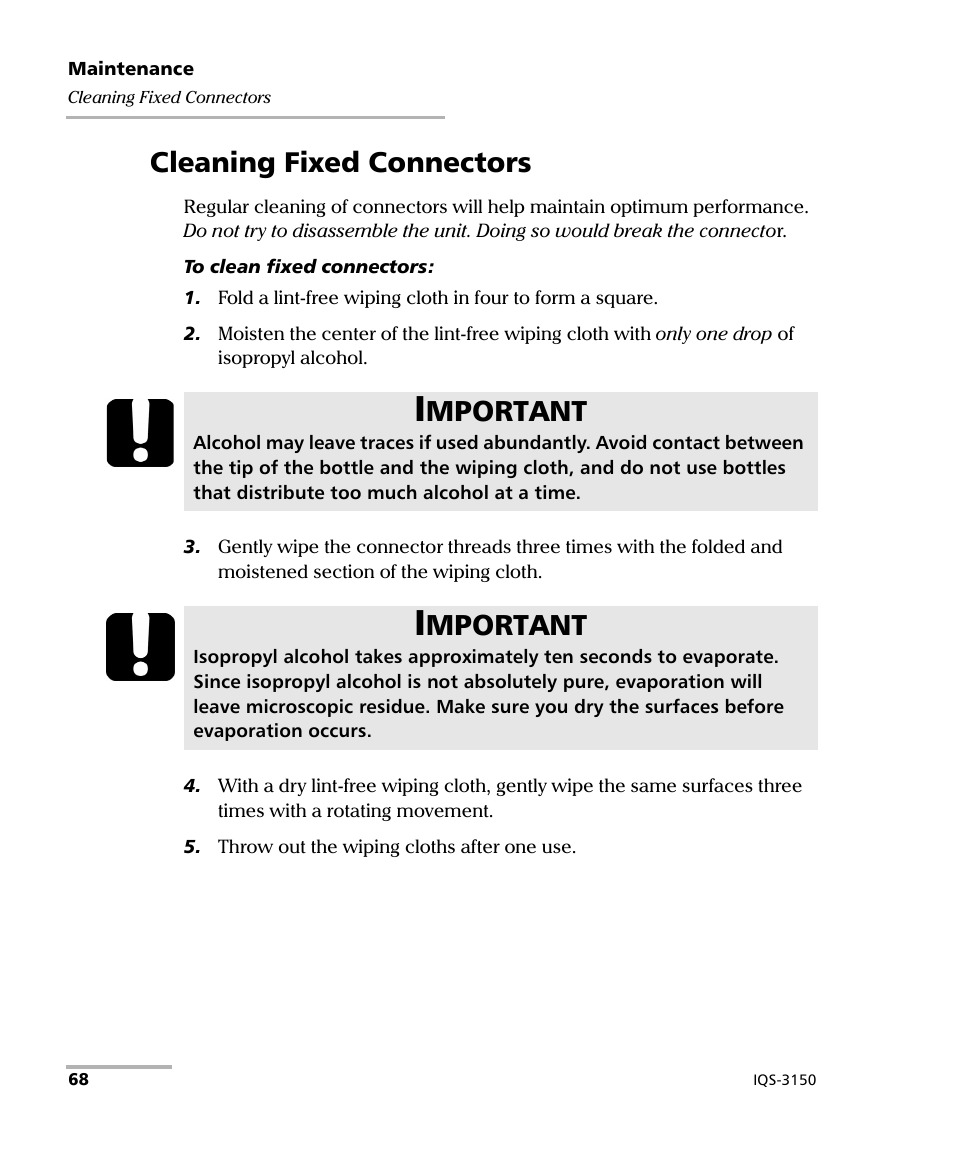 Cleaning fixed connectors, Mportant | EXFO IQS-3150 Variable Attenuator for IQS-500/600 User Manual | Page 74 / 161
