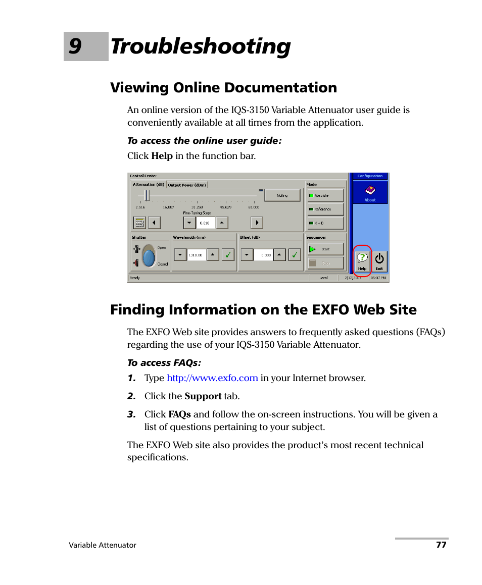 9 troubleshooting, Viewing online documentation, Finding information on the exfo web site | 9troubleshooting | EXFO IQS-3150 Variable Attenuator for IQS-500/600 User Manual | Page 83 / 161