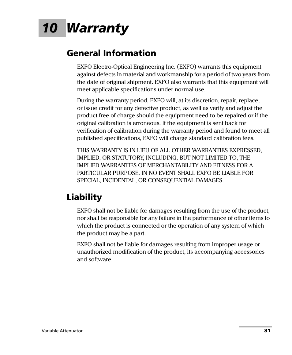 10 warranty, General information, Liability | General information liability | EXFO IQS-3150 Variable Attenuator for IQS-500/600 User Manual | Page 87 / 161