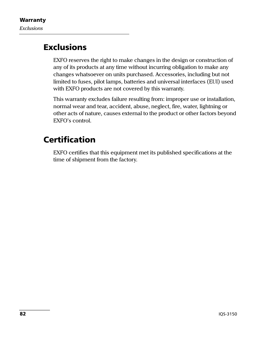 Exclusions, Certification, Exclusions certification | EXFO IQS-3150 Variable Attenuator for IQS-500/600 User Manual | Page 88 / 161