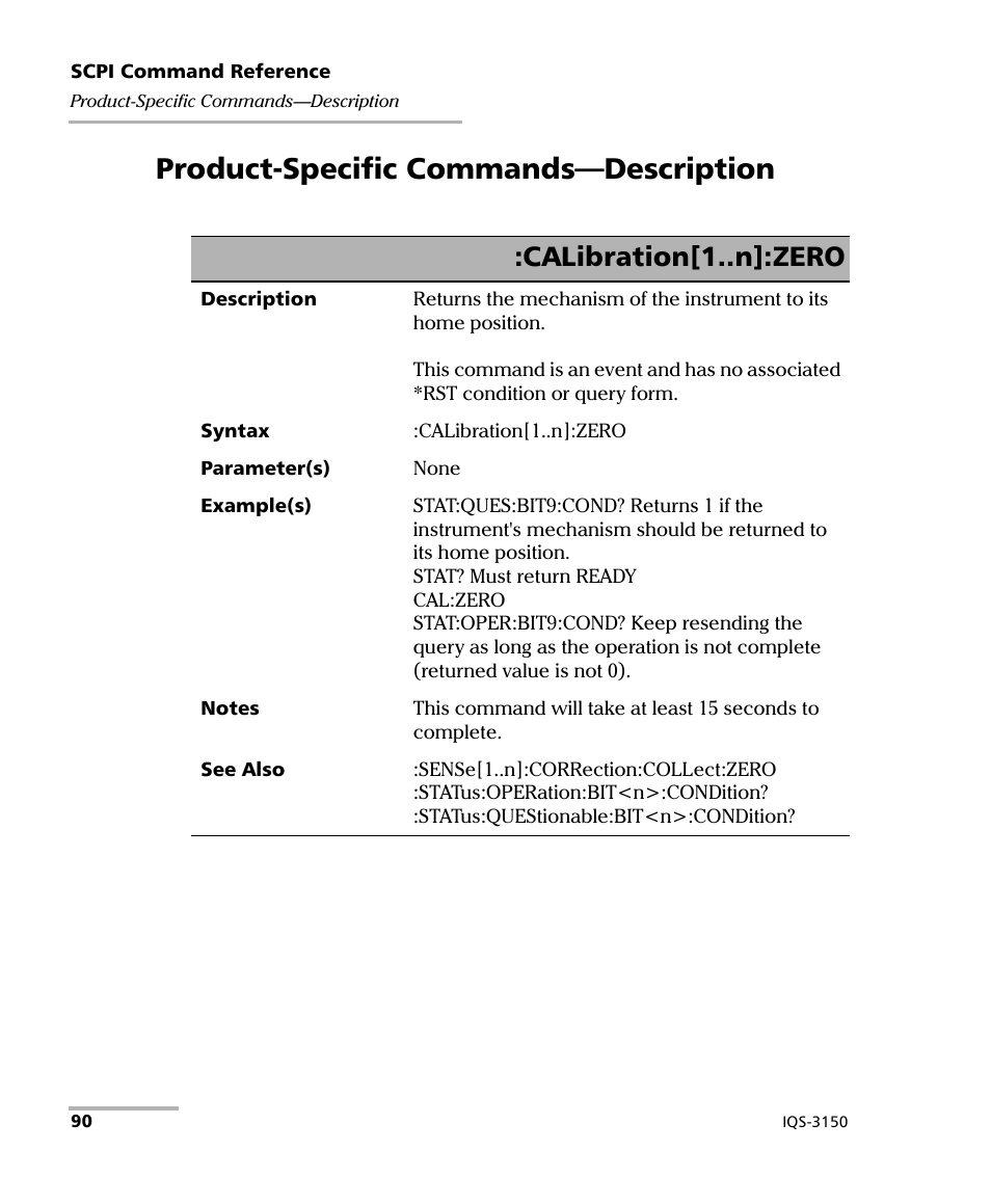 Product-specific commands-description, Product-specific commands—description, Calibration[1..n]:zero | EXFO IQS-3150 Variable Attenuator for IQS-500/600 User Manual | Page 96 / 161
