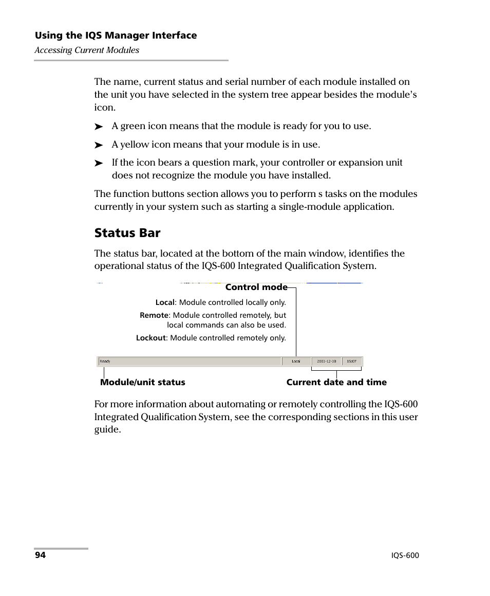 Status bar | EXFO IQS-600 Integrated Qualification System User Manual | Page 102 / 357
