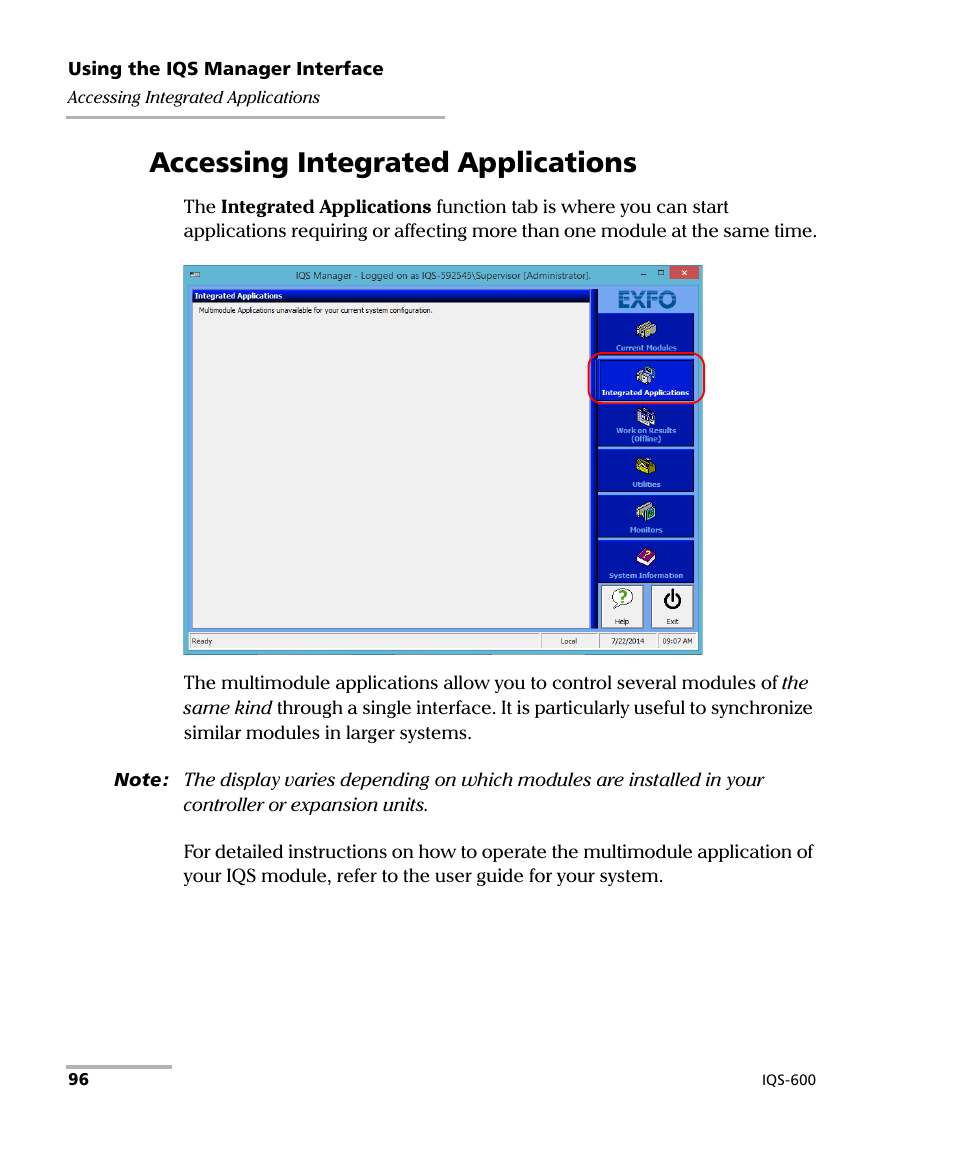 Accessing integrated applications | EXFO IQS-600 Integrated Qualification System User Manual | Page 104 / 357