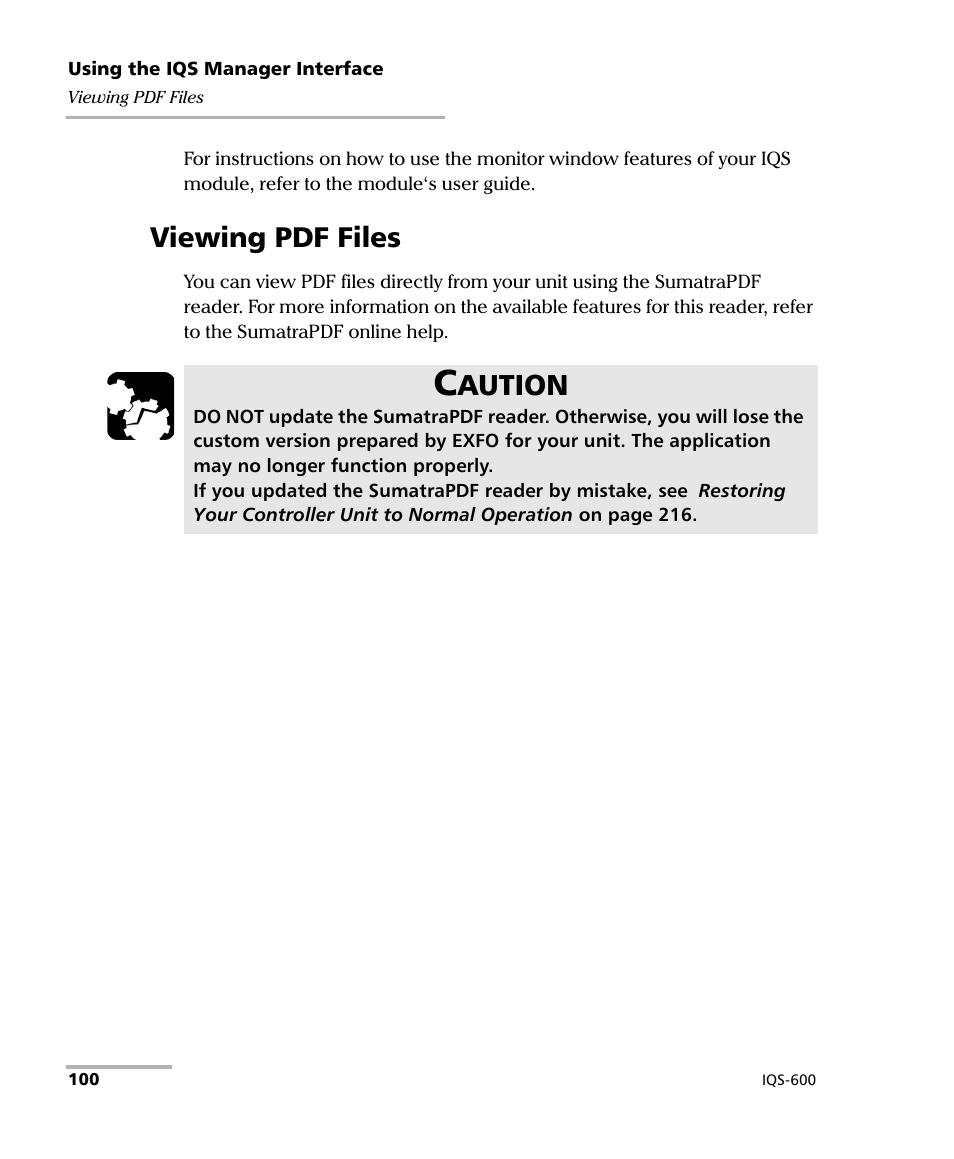 Viewing pdf files, Aution | EXFO IQS-600 Integrated Qualification System User Manual | Page 108 / 357