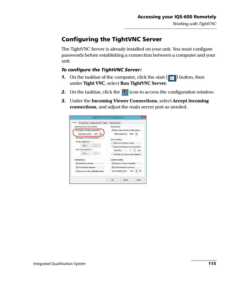 Configuring the tightvnc server | EXFO IQS-600 Integrated Qualification System User Manual | Page 123 / 357