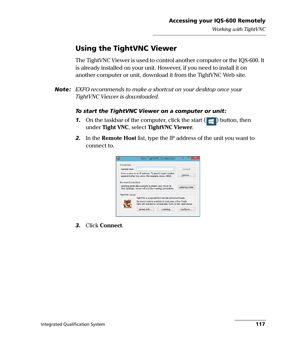 Using the tightvnc viewer | EXFO IQS-600 Integrated Qualification System User Manual | Page 125 / 357