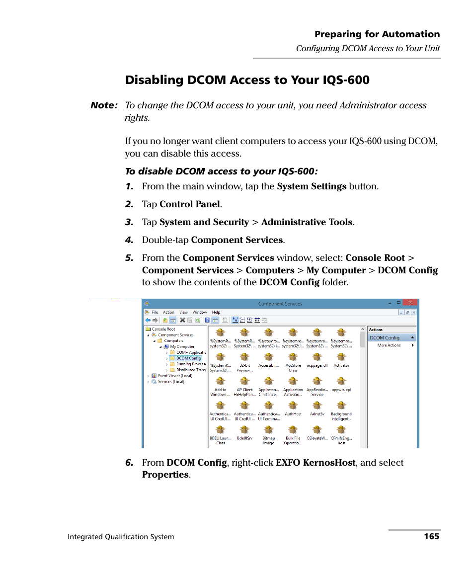 Disabling dcom access to your iqs-600 | EXFO IQS-600 Integrated Qualification System User Manual | Page 173 / 357