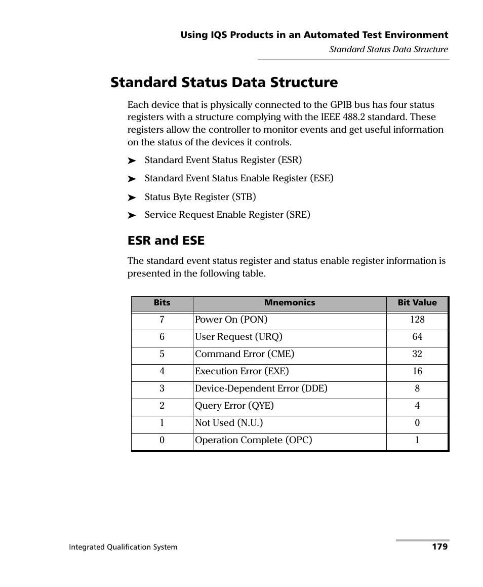 Standard status data structure, Esr and ese | EXFO IQS-600 Integrated Qualification System User Manual | Page 187 / 357