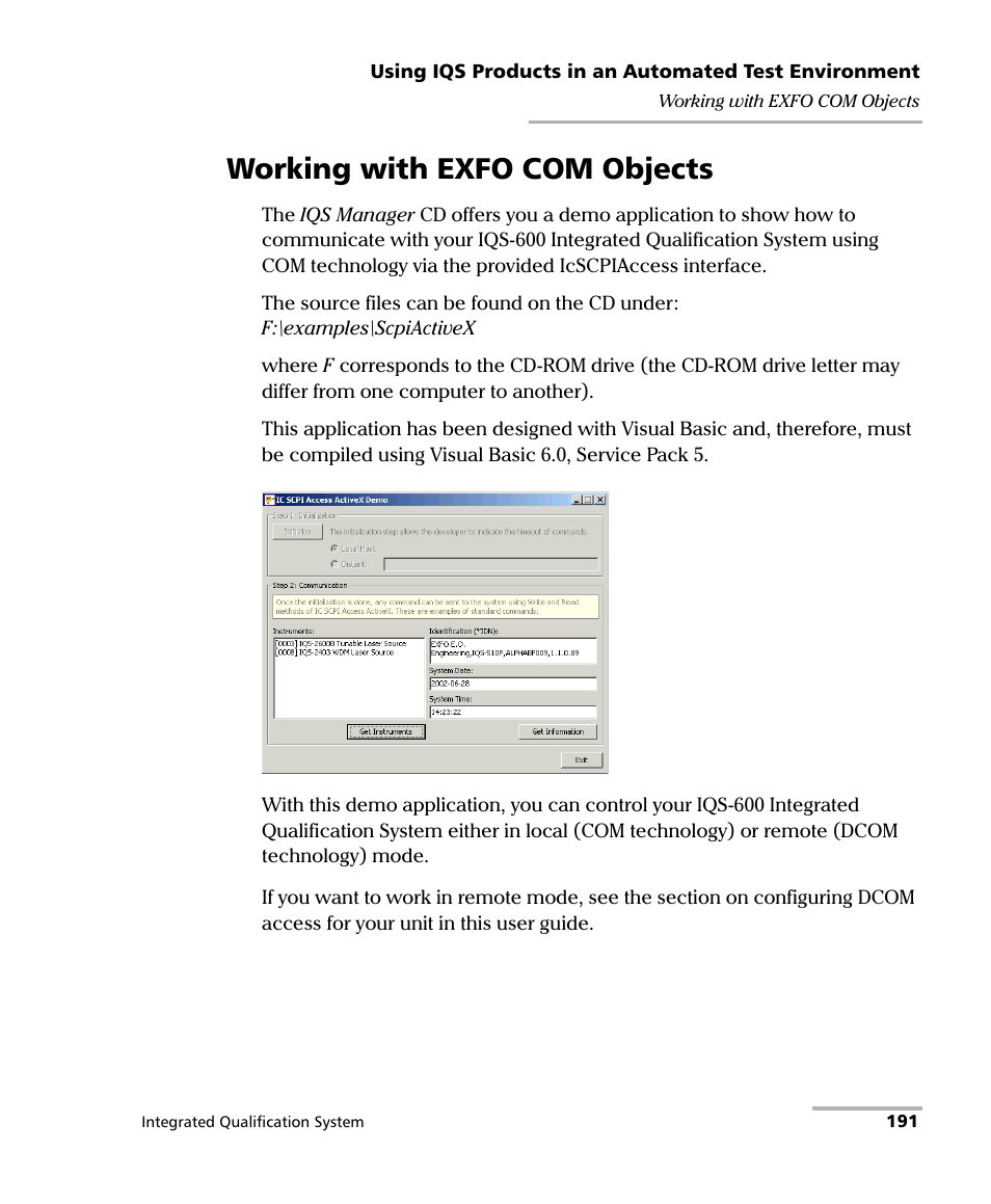 Working with exfo com objects | EXFO IQS-600 Integrated Qualification System User Manual | Page 199 / 357