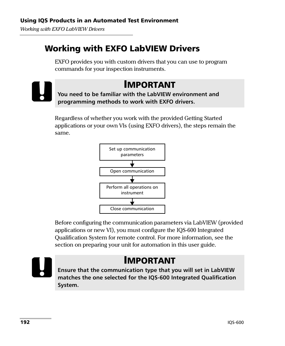 Working with exfo labview drivers, Mportant | EXFO IQS-600 Integrated Qualification System User Manual | Page 200 / 357