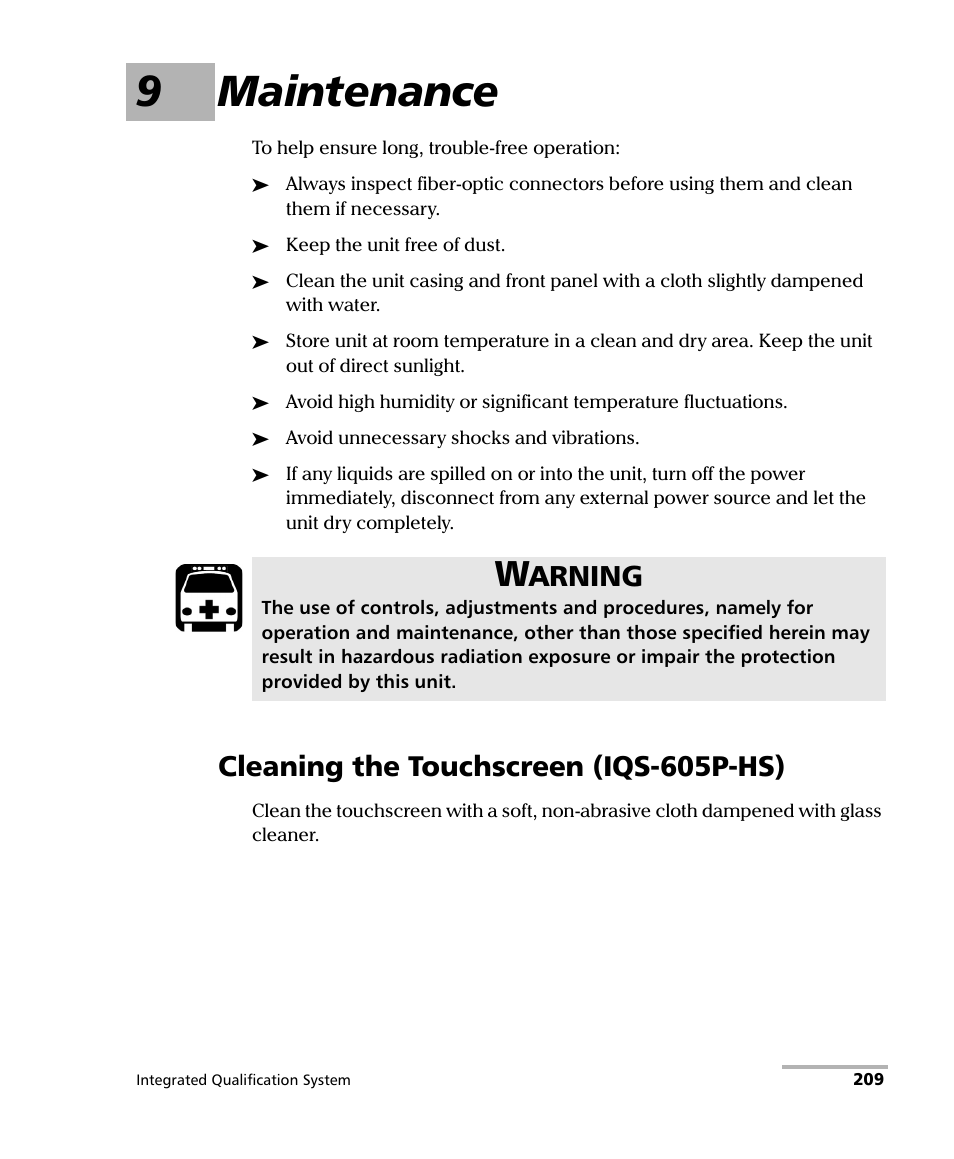 9 maintenance, Cleaning the touchscreen (iqs-605p-hs), 9maintenance | Arning | EXFO IQS-600 Integrated Qualification System User Manual | Page 217 / 357