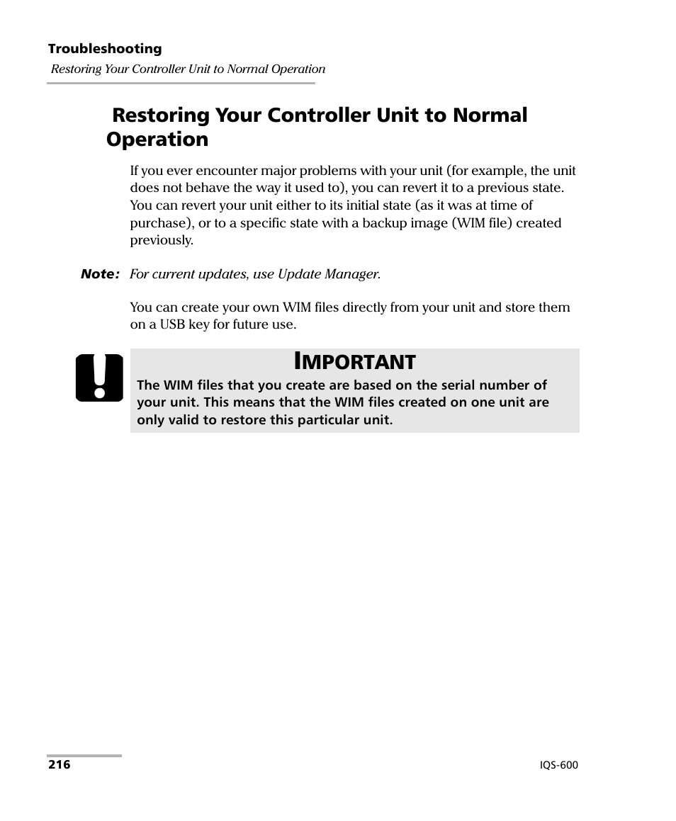 Restoring your controller unit to normal operation, Mportant | EXFO IQS-600 Integrated Qualification System User Manual | Page 224 / 357