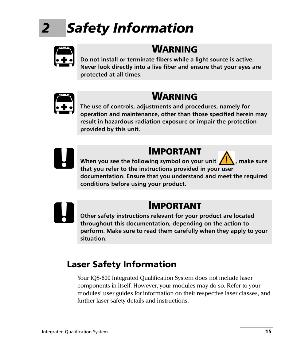 2 safety information, Laser safety information, 2safety information | EXFO IQS-600 Integrated Qualification System User Manual | Page 23 / 357