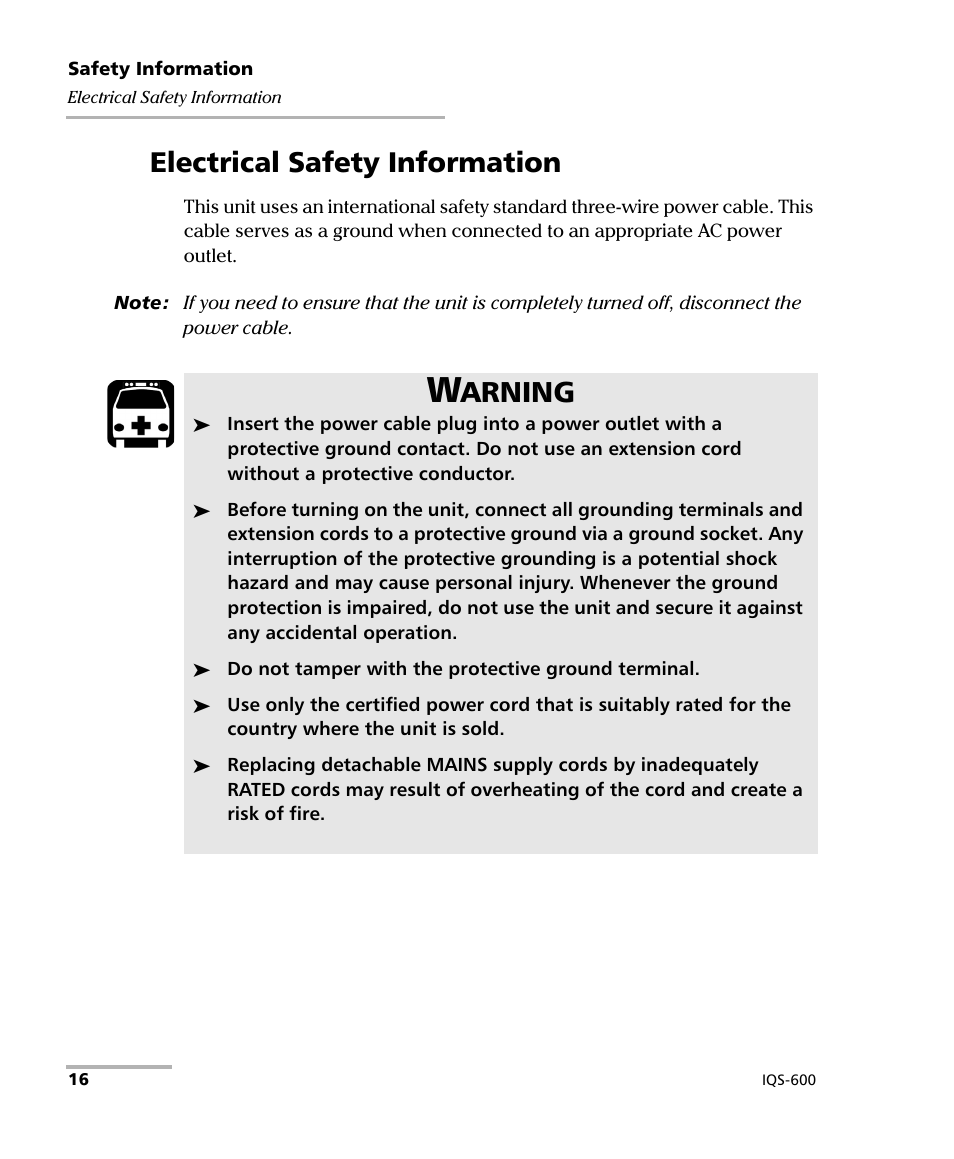 Electrical safety information, Arning | EXFO IQS-600 Integrated Qualification System User Manual | Page 24 / 357