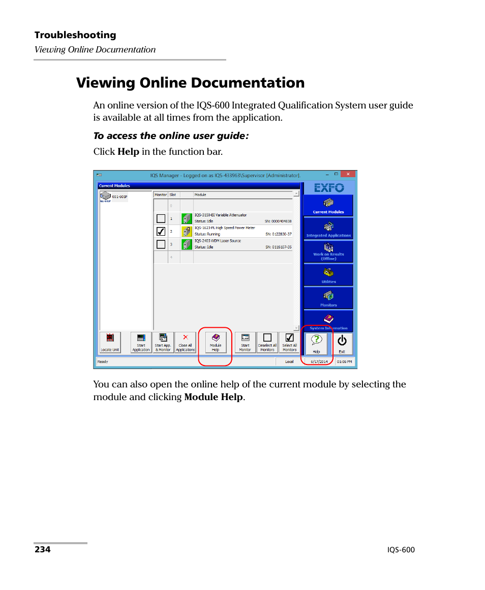 Viewing online documentation | EXFO IQS-600 Integrated Qualification System User Manual | Page 242 / 357