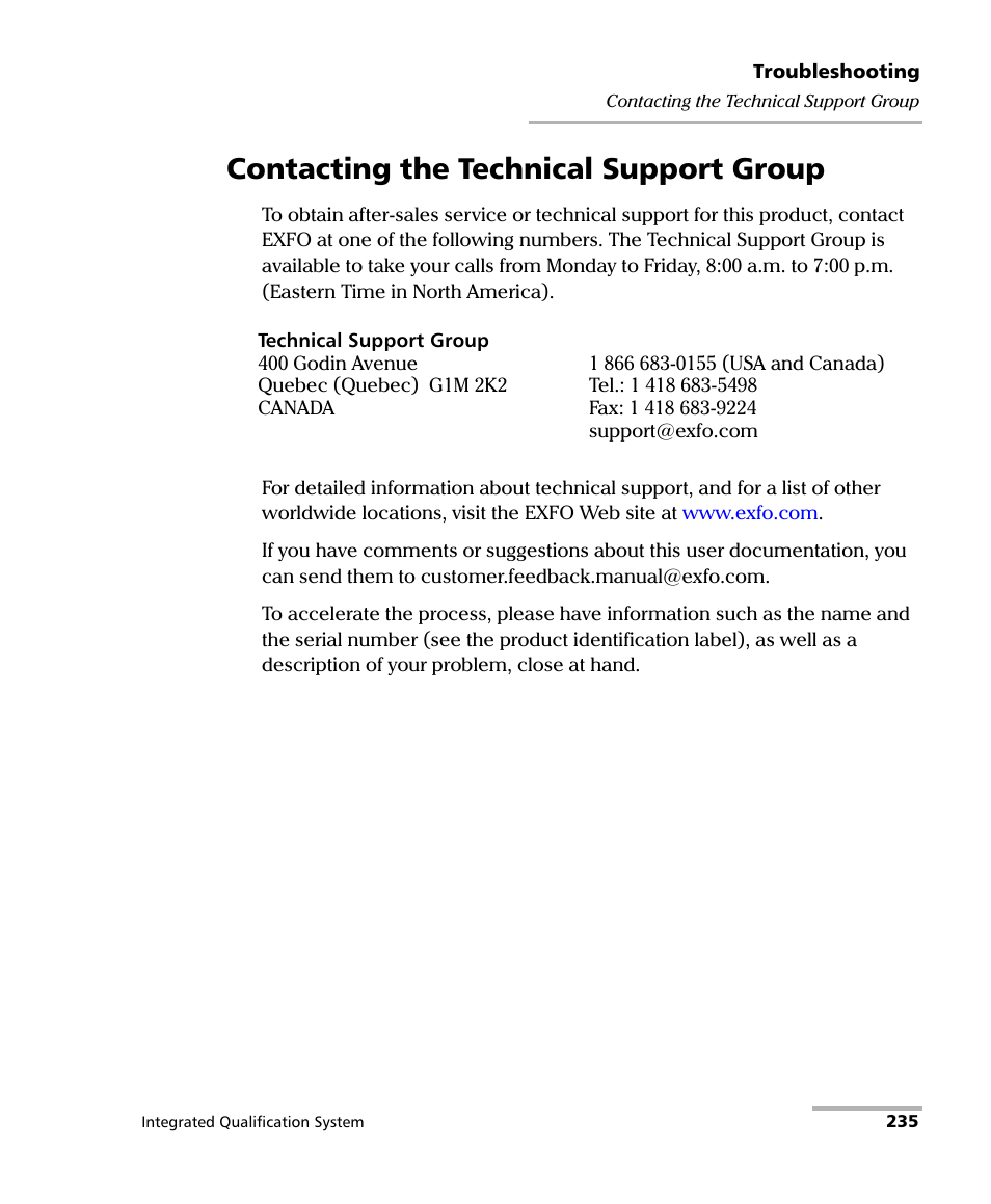 Contacting the technical support group | EXFO IQS-600 Integrated Qualification System User Manual | Page 243 / 357