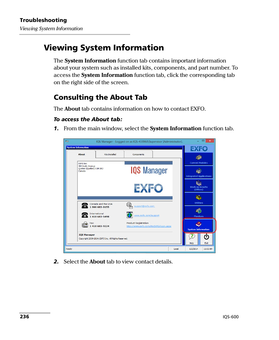 Viewing system information, Consulting the about tab | EXFO IQS-600 Integrated Qualification System User Manual | Page 244 / 357