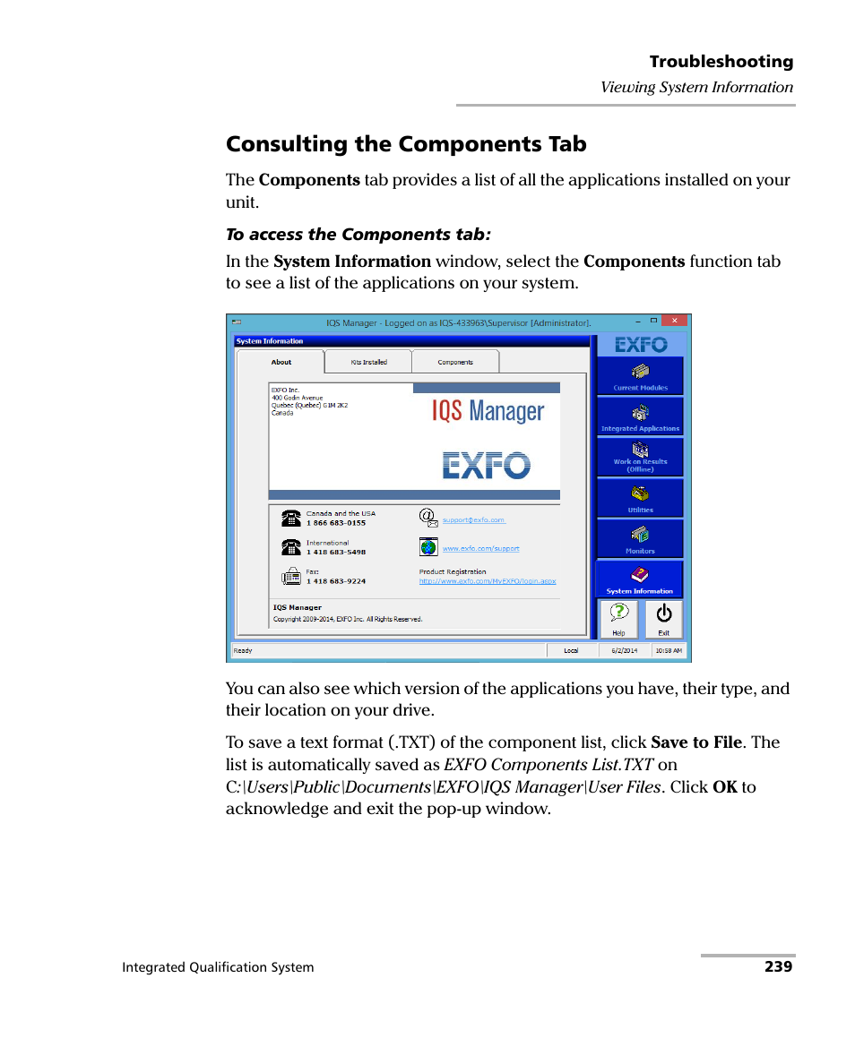 Consulting the components tab | EXFO IQS-600 Integrated Qualification System User Manual | Page 247 / 357