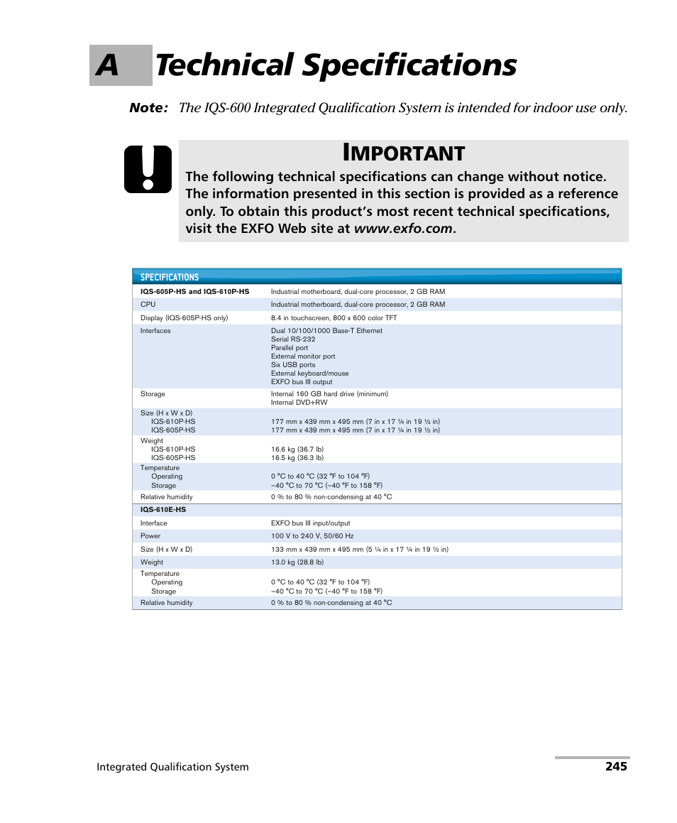 A technical specifications, Mportant | EXFO IQS-600 Integrated Qualification System User Manual | Page 253 / 357
