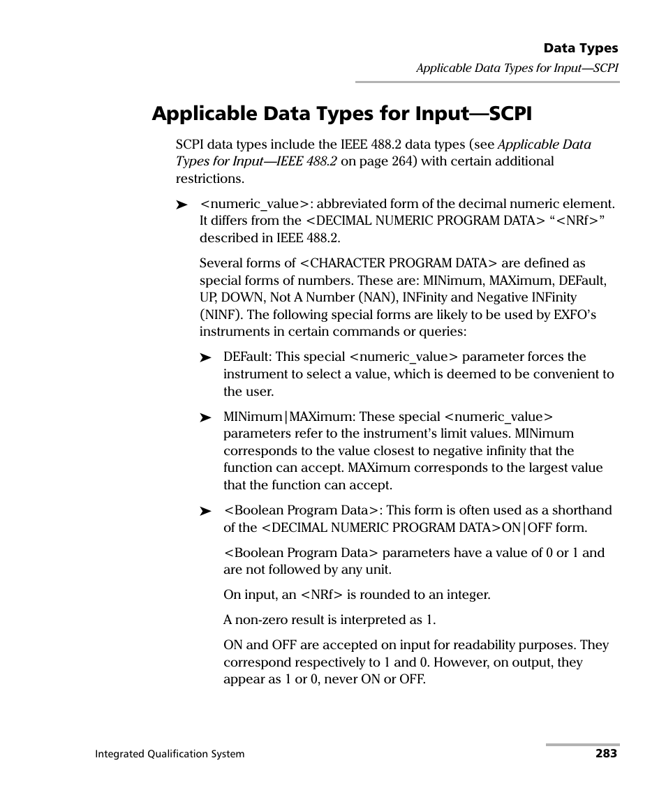 Applicable data types for input—scpi | EXFO IQS-600 Integrated Qualification System User Manual | Page 291 / 357