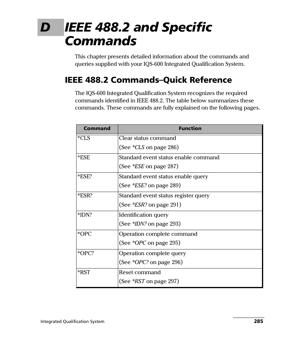 D ieee 488.2 and specific commands, Ieee 488.2 commands–quick reference | EXFO IQS-600 Integrated Qualification System User Manual | Page 293 / 357