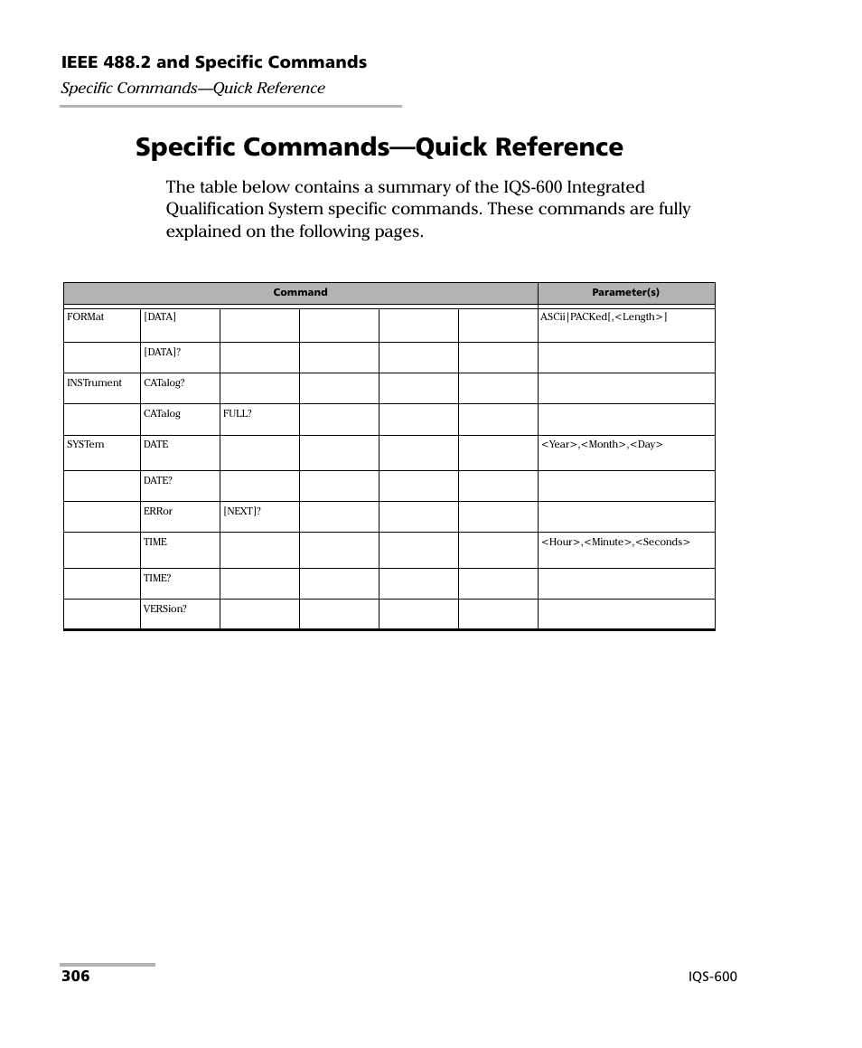 Specific commands—quick reference, Ieee 488.2 and specific commands | EXFO IQS-600 Integrated Qualification System User Manual | Page 314 / 357