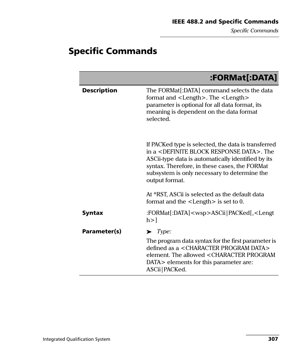 Specific commands, Format[:data | EXFO IQS-600 Integrated Qualification System User Manual | Page 315 / 357