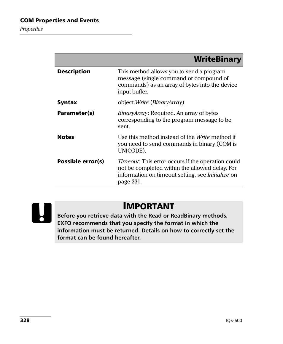 Mportant, Writebinary | EXFO IQS-600 Integrated Qualification System User Manual | Page 336 / 357