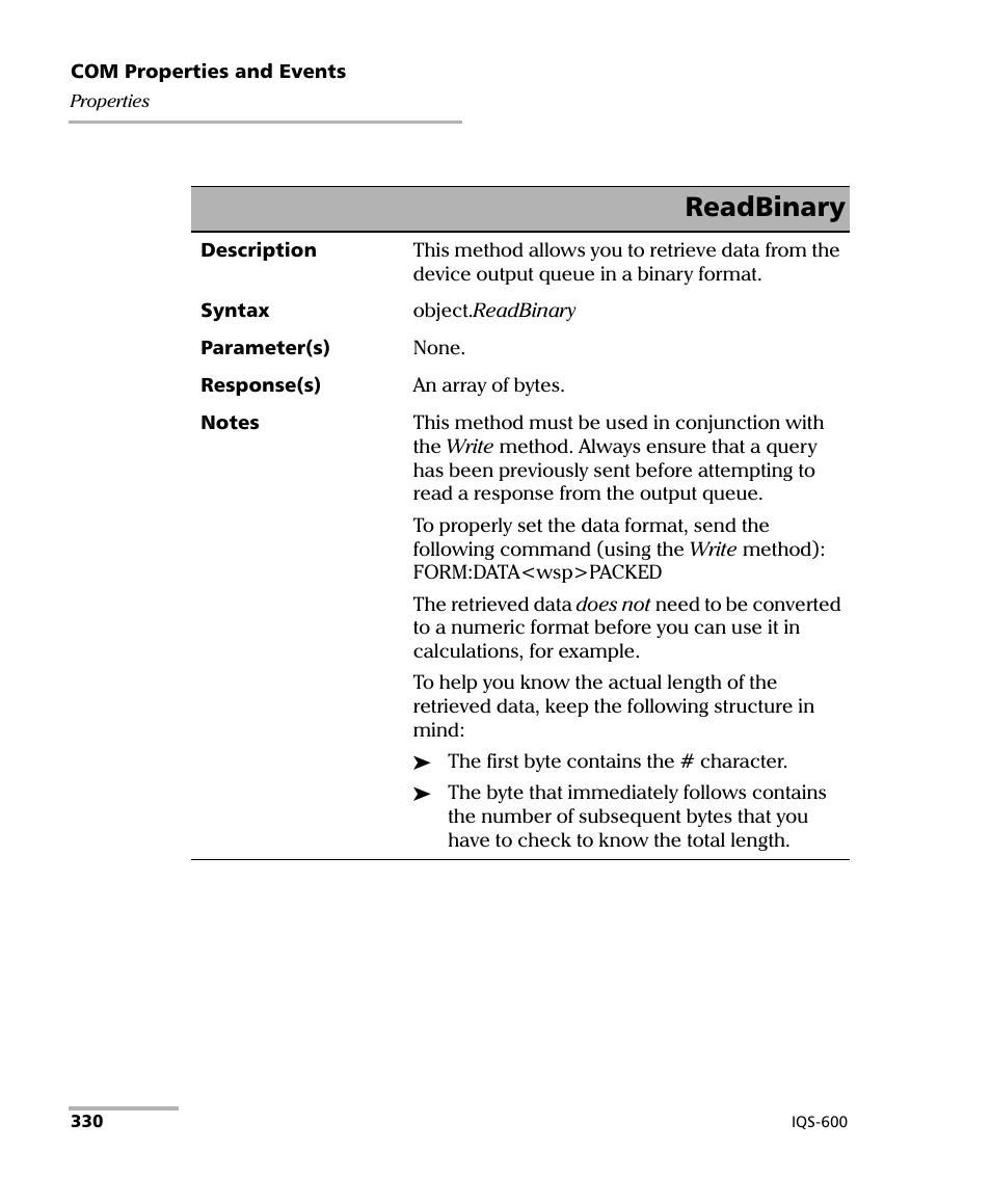 Readbinary | EXFO IQS-600 Integrated Qualification System User Manual | Page 338 / 357
